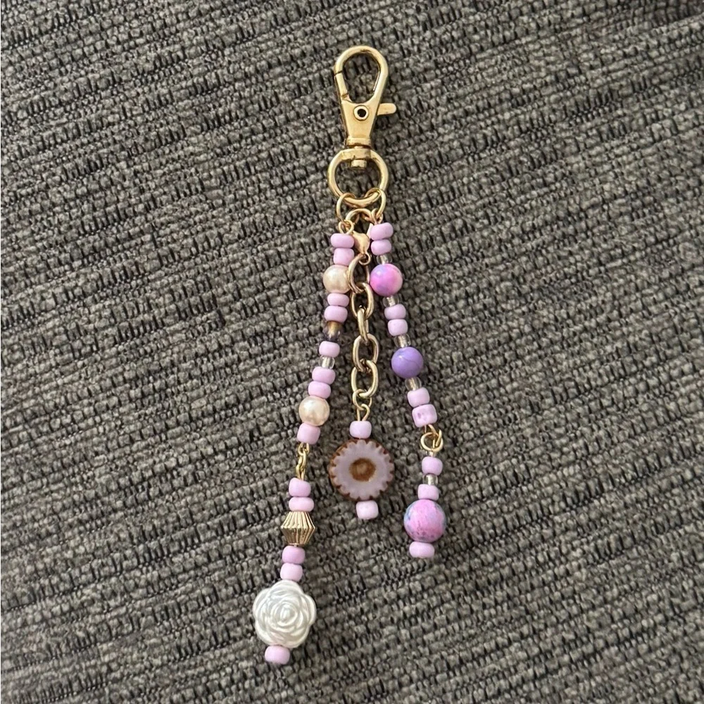 Chic Gold and Purple Beaded Bag Charm Keychain with Floral Detail
